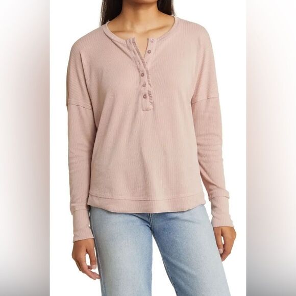 NWT Gibson Look Oversized Ruffle Trim Henley “Dusty Mauve” Large - Picture 1 of 12